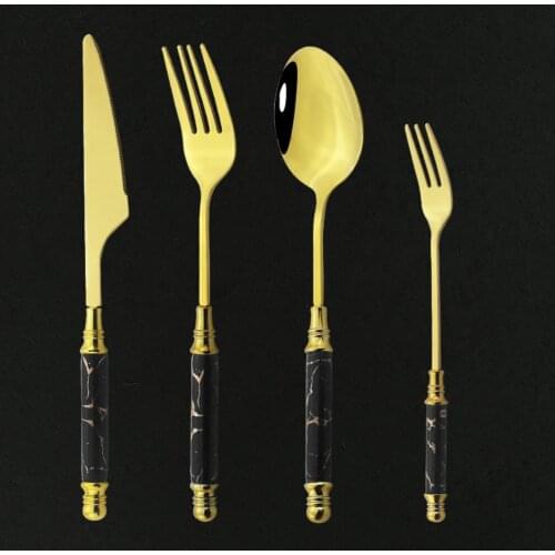 4Pcs Ceramic Handle Tableware Black Gold Cake Fork Spoon Knife Set Stainless Steel Flatware Cutlery Set Dinnerware Dinner Set