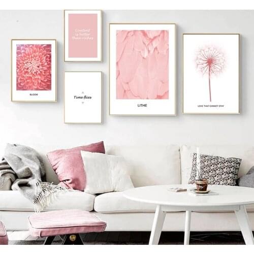 Pink Flower Feather Dandelion Wall Art Canvas Painting Quotes Posters And Prints Wall Decorative Pictures Decor For Living Room