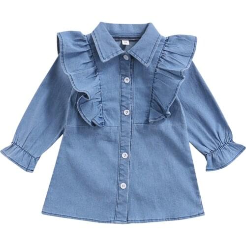 Citgeett Autumn Solid Kids Baby Girls Long Sleeve Denim Dress Ruffle Single Breasted Shirt Spring Clothing