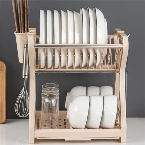 Dish Drainer Drying Rack 2 Tier Bowl Plates Shelf Basket Multi-function Utensils Holder Storage Organizer with Chopstick Cage