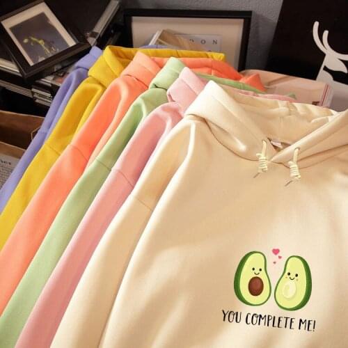 Avocado Graphics Letter Print Warm Kawaii Sweatshirt Streetwear Drawstring Pullover Fleece Oversized Hoodie Korean Style Women