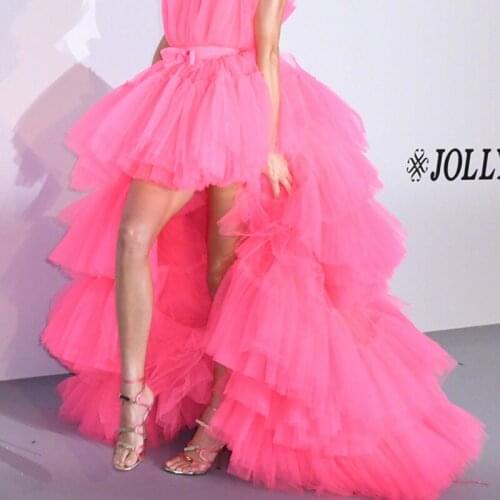 Magnificent Skirt Women High Low Hot Pink Skirts Tiered Layers Mesh Saias Faldas Girl Bride Long Skirt Tutu Customized