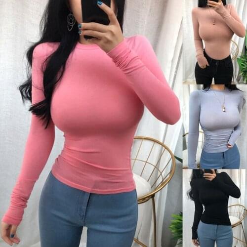 Women Long Sleeve O-Neck Thin T-Shirt Plain Solid Color Micro Perspective Pullover Tops Bodycon Stretch Basic Streetwear
