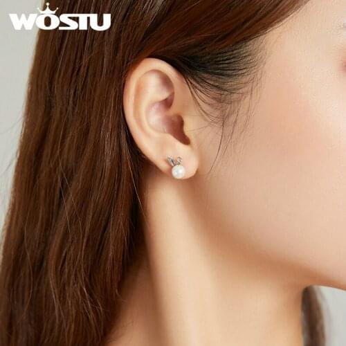 WOSTU Shell Bead Earrings 925 Sterling Silver Small Cartoon Bunny Stud Earrings For Women Party Engagement Jewelry Gift DAE463