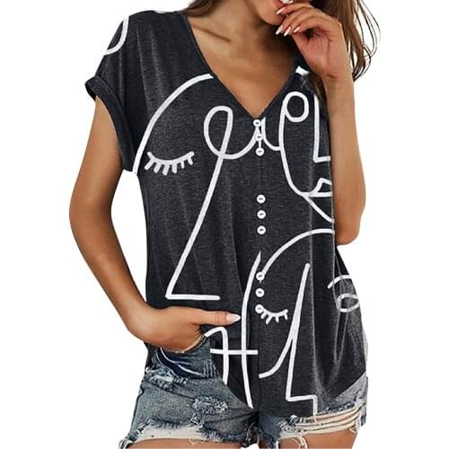 Womens Tops And Blouses Womens Casual V-neck Single-breasted Sketch 3d Print Short-sleeved Tops Blusas Mujer De Moda 2021