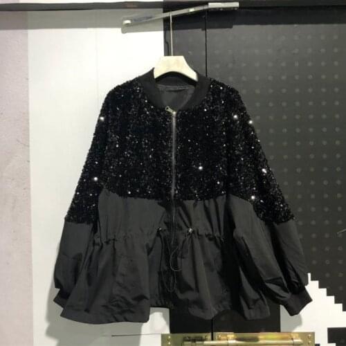 In stock 2021 Autumn Fashion Womens Long Sleeve High Street Sequin Patchwork Drawstring Coat Female Outwear A4383