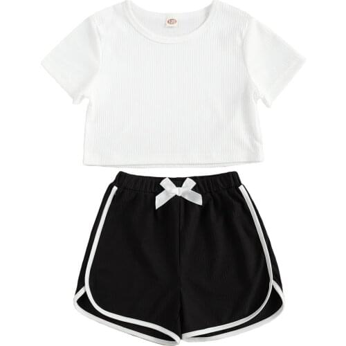 2021 Little Girls Short Sleeve Set Solid Color Sports Ribbed Tops Patchwork Short Comfortable Loose Pants 2-piece Suits 9M-3T