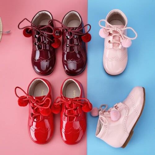 England Style Elegant Lace Up Girls Shoes Patent Leather Toddler Ankle Boots Non-slip Rubber Bottom Girls Sneaker EUR 21-27