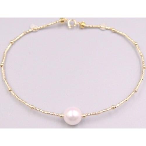 Pure 18K Yellow Gold Bangle Best Natural 8mm Sea Pearl Bead Link Chain Bracelet For Woman Lucky Gift 18cm