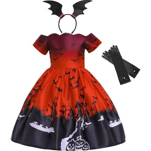 New Halloween Costume Child Disguise Girl Dress With Hat Dot Pantyhose Witch Print Clothing Fantasia Infantil Cute Kids Gown
