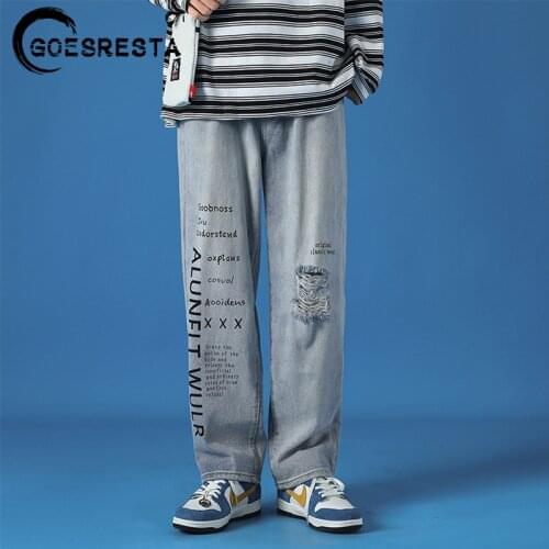 S-5XL Large Size Clothing Hole Jeans Men Pants 2021 New Fashion English Printing Retro Men Jeans Trousers Harajuku Korean Pants