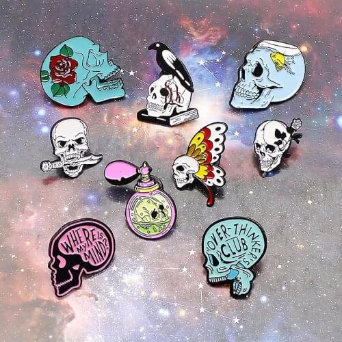 Flower Skull Enamel Pins Collection Skeleton Head Rose crow knife butterfly Perfume Lapel Pin Love Death Badges Romantic Brooche