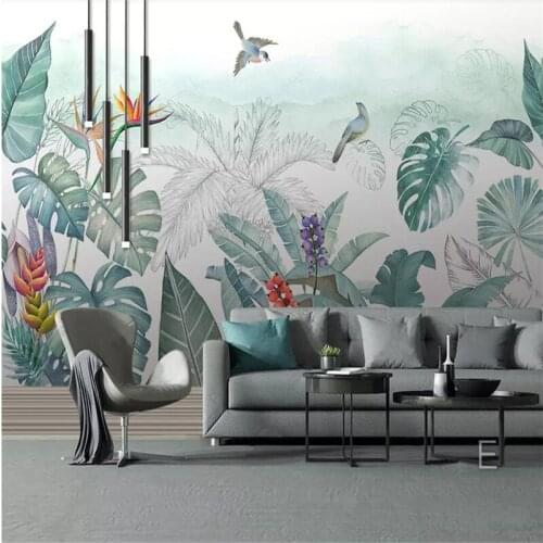 Beibehang Custom photo wallpaper mural Nordic hand-painted small fresh tropical plants flowers and birds background murals