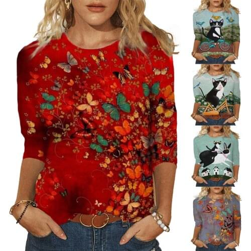 Mid-length Sleeves T-shirts Camisetas Spring Womens Sweatshirt All-Match Mujer Tops Crew Neck Print Pullover Blouse Loose Tunic