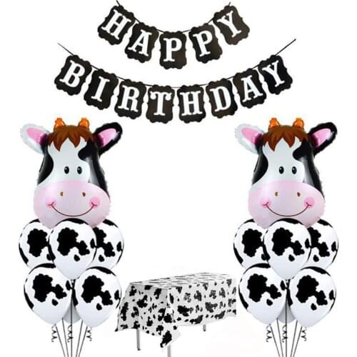 K&J Baby Kids Cow Theme Birthday Party Decorations Supplies Cow Latex Balloons Black White Tablecloth Birthday Banner kit
