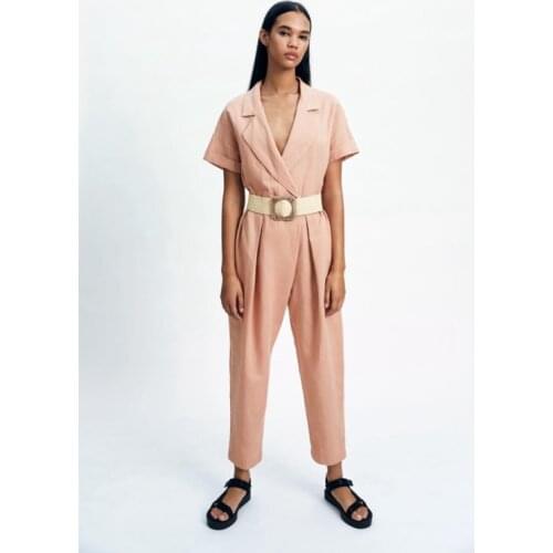 Solid Sashes Jumpsuits Women Turn Down Collar V Neck Short Sleeve Belts Long Pencil Pants Rompers Female Spring Casual Jumpsuits