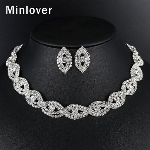 Minlover Rhinestone Eye Shape Bridal Jewelry Sets for Women Silver Color Wedding Necklace Drop Earring Sets Bride Choker MTL601