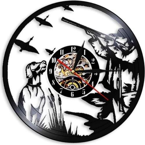 Hunters Gun And Dog Duck Hunting Vinyl Record Wall Clock Modern Design LED Wall Clock Pintail Duck Hunting Wall Art Hunter Gift