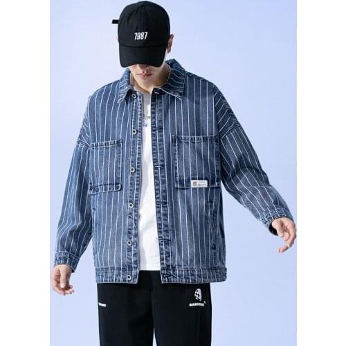 New retro striped denim jacket male oversize loose plus size casual Outerwear Cotton Soft Jeans Coats Long Sleeve Streetwear