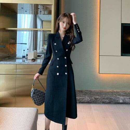 2020 Autumn Winter Black Blazer Dresses for Women Long Sleeve Double Pearl Buttons Office Work Dress Ladies Sheer Elegant Dress