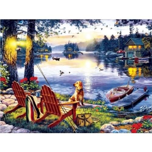 Scenery lake diamond painting full square mosaic embroidery cross stitch dog rhinestone picture puzzle drawing wall decor craft