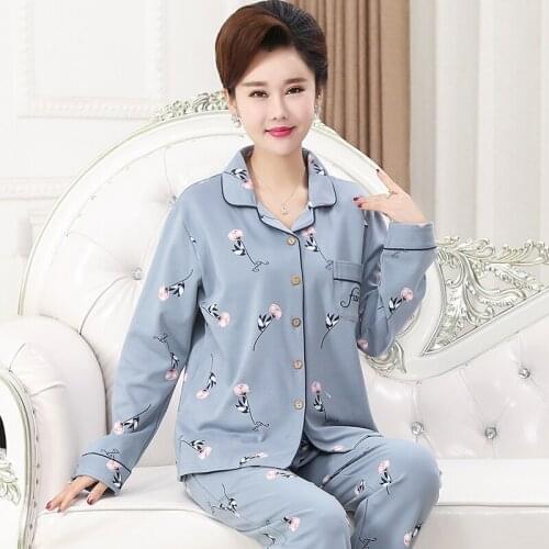 Middle-aged Pajamas Female Autumn Cotton Long Sleeve Two Set Loose Nightwear Spring Elderly Women Soft Sleepwear Home Suit H5609
