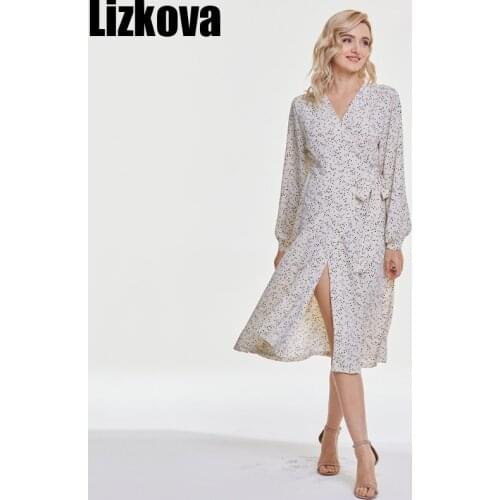 Lizkova Green Long Dress Women 2021 White Polka Dot V-neck Long Sleeve Vestido de Mujer Spring Elegant Female Robes 5001