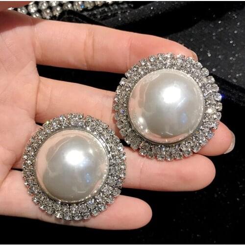 Luxury shiny Rhinestone crystal With white Pearls Big Stud Earrings For women boho hyperbole earing fashion jewelry brincos Hot