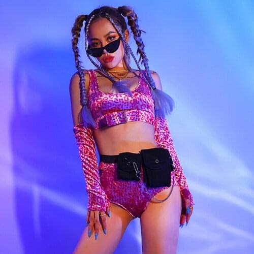 Pink Leopard Bikini Nightclub Bar Jumpsuit Women DJ Ds Dancer Pole Dance Clothing Rave Outfits Jazz Hiphop Dance Bodysuit XS1292