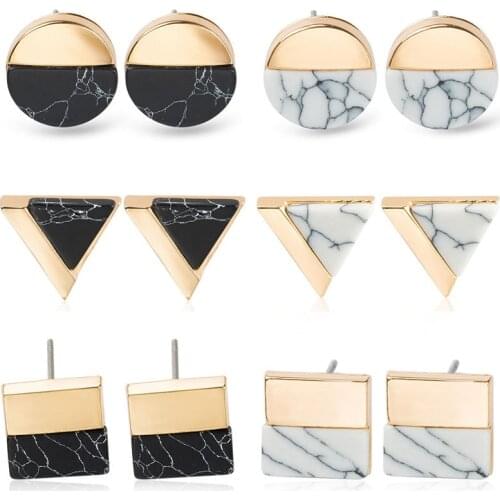Retro Marble Stud Earrings Circle Triangular Square Half Pine Stone Geometric Earrings for Women Wedding Party Statement Earings