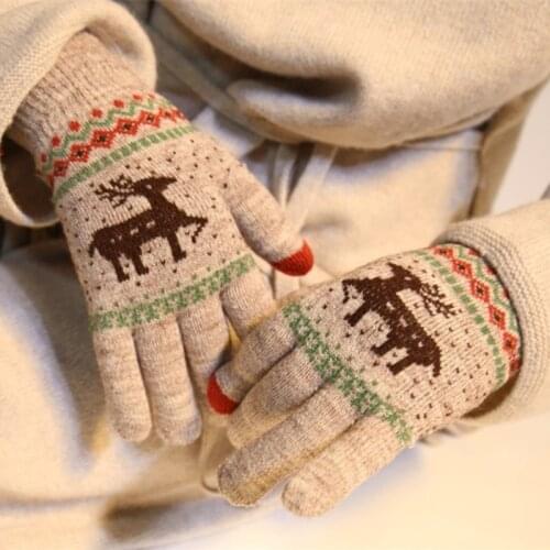 Touch Screen Vintage Christmas Deer Knitted Gloves Women Thicken Gloves Winter Warm Snow Elk Full Finger Mittens Xmas Gift