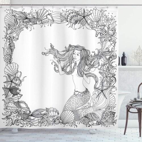 Mermaid Shower Curtain Mermaid in Seashells Starfish Coral Reef Frame Culture Myth Artwork Bathroom Decor Set with Hooks 70"