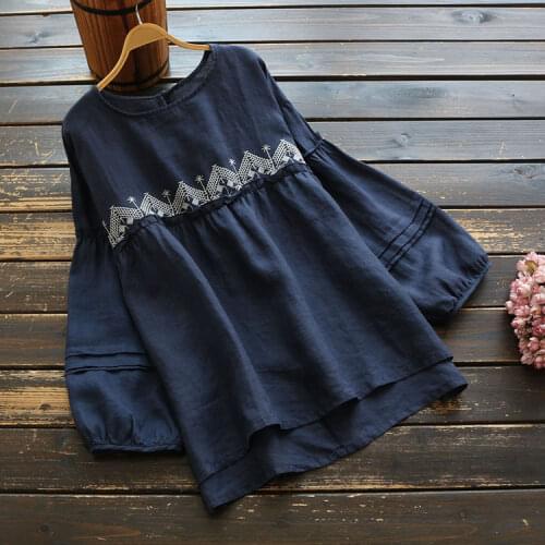 6635 New Autumn Women Literary Vintage Embroidery Blouse O-Neck Raglan Sleeve Ramie Loose Casual Pullover Shirt Tops