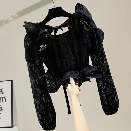 Strap Bow Backless Lace Blouse Women Sweet Ruffled Short Navel Sexy Shirt Fashion Lady Crop Top 2021 Spring