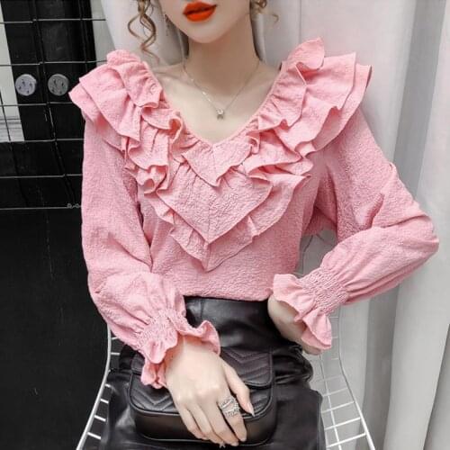 2020 Fall V-neck Patchwork Ruffled Shirt Female Puff Sleeve Shirt Blusas Ropa De Mujer
