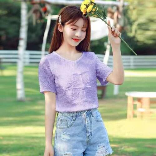 2021 Summer New Korean Short Sleeve Chiffon Shirt Womens Minority Loose and versatile pleated V-neck top