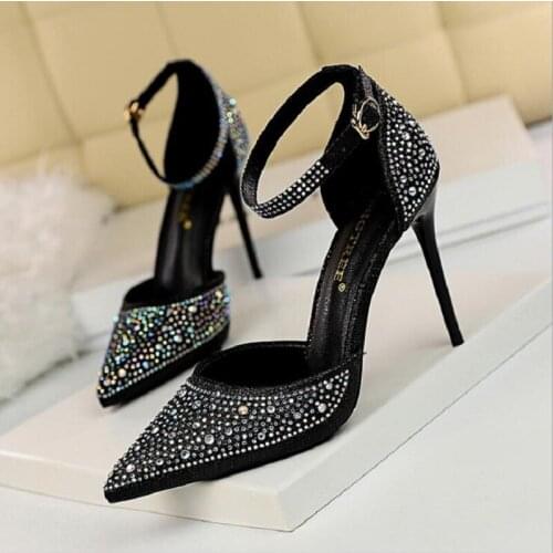 Thin High Heel Rhinestone Tidal Current Shallow Mouth Women Fashion Shoes Corium Cover Heel Pointed Toe High Heel Sandals