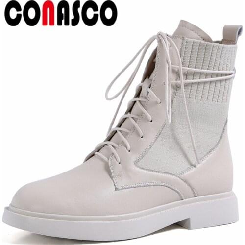 CONASCO Fashion Women Ankle Boots Autumn Winter Warm Cow Leather Basic Prom Office Shoes Concise Motorcycle Boots Woman