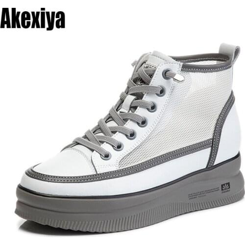 New Spring and Summer Womens Leather Sneakers Ladies Mesh Casual Breathable Womens Vulcanized Shoes High-top Walking Shoes