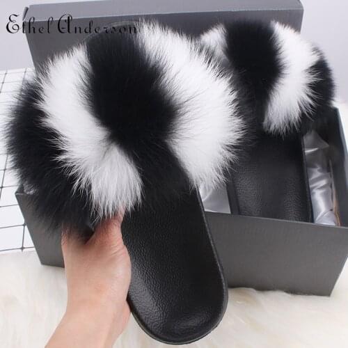 Ethel Aderson Slippers For Women Real Fox Natural Raccoon Fur Furry And Fluffy Plush Shoes Lady Multiple Colour Non—Slip Sole