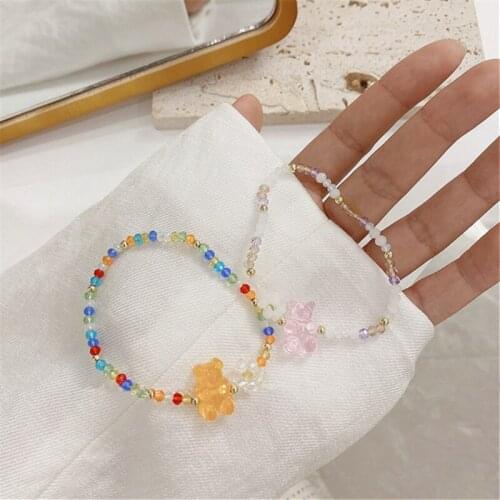 AOMU Korean Cute Retro Colorful Bear Resin Crystal Beaded Bracelet Irregular Geometric Round Animal Short Bracelet for Women