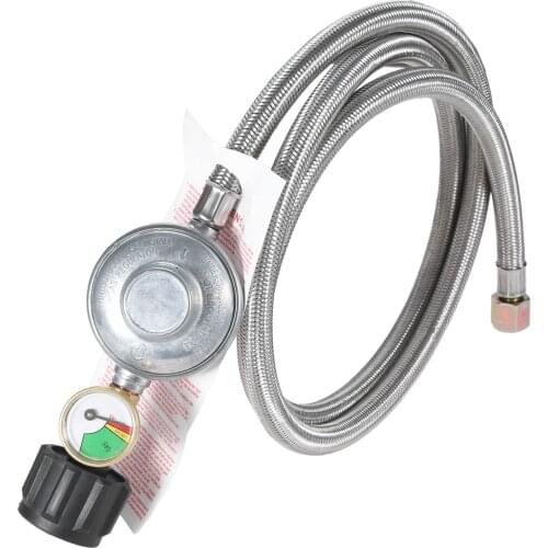 1kit Stainless Still Braided Propane Regulator Hose+Gauge 60inch Low Pressure 80000BTU/Hr Detect Monitor 3/8" Female QCC1/Type1