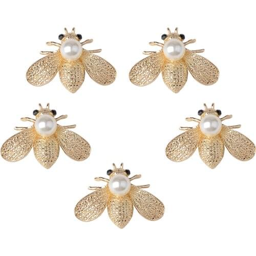 5 Pieces Bee Shape Alloy Rhinestone Pearl Flatback Button for DIY Hair