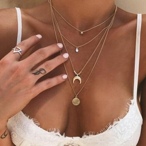 Bohemian Multilayer Moon coin Pendant choker Necklace for Women Choker Collar Neck Chains Gold Silver Color Fashion Boho Jewelry