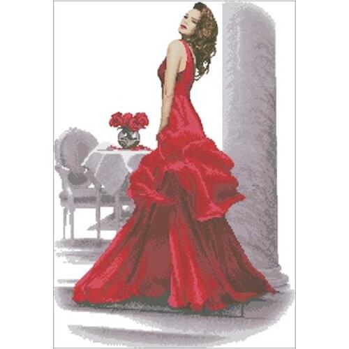 Elegant red dress girl patterns counted 11CT 14CT 18CT Cross Stitch Set DIY Cross-stitch Kits Embroidery Needlework Home Decor