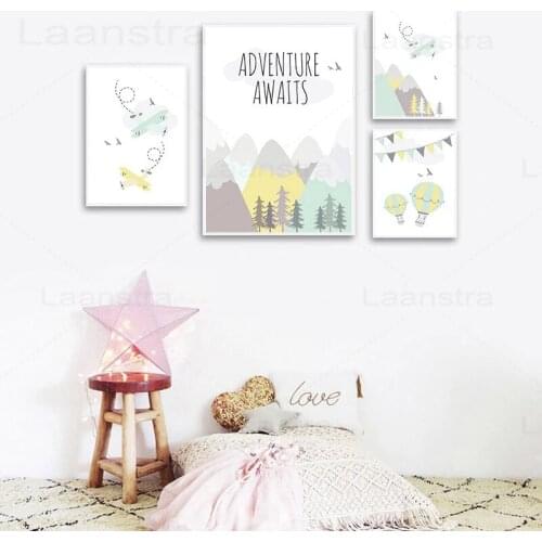 Adventure Awaits Canvas Painting Mountain Tree Poster and Prints Childrens Room Hot Balloon Wall Picture for Living Room Decor