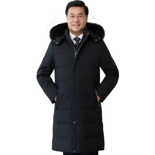 New Winter White Duck Down Jacket Men Real Fur Collar Thick Warm Hooded Black Long Parka Down Coat Mens Casual Windbreaker