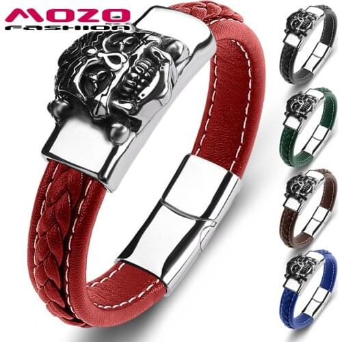 MOZO FASHION 2021 Men Bracelets Stainless Steel Jewelry Genuine Leather Braided Cuff Decorations Wholesale Gifts New Punk 120