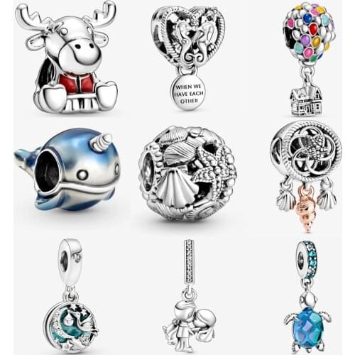 Real 925 Silver Murano Glass Sea Turtle Dangle Charm Fit pandora Bracelet Moose Maple Leaf Up House Balloons Charm DIY Jewelry