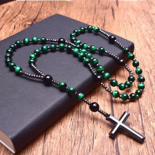 Catholic Christ Rosary Necklaces Green Tiger Eye Onyx with Hematite Cross Pendant Long Necklace Religious Men Rosary